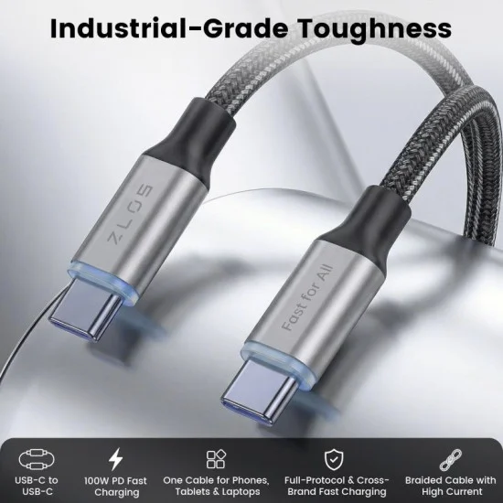 Zlos 100W USB-C to USB-C Cable Full Protocol Super Fast Charging - Black / Grey
